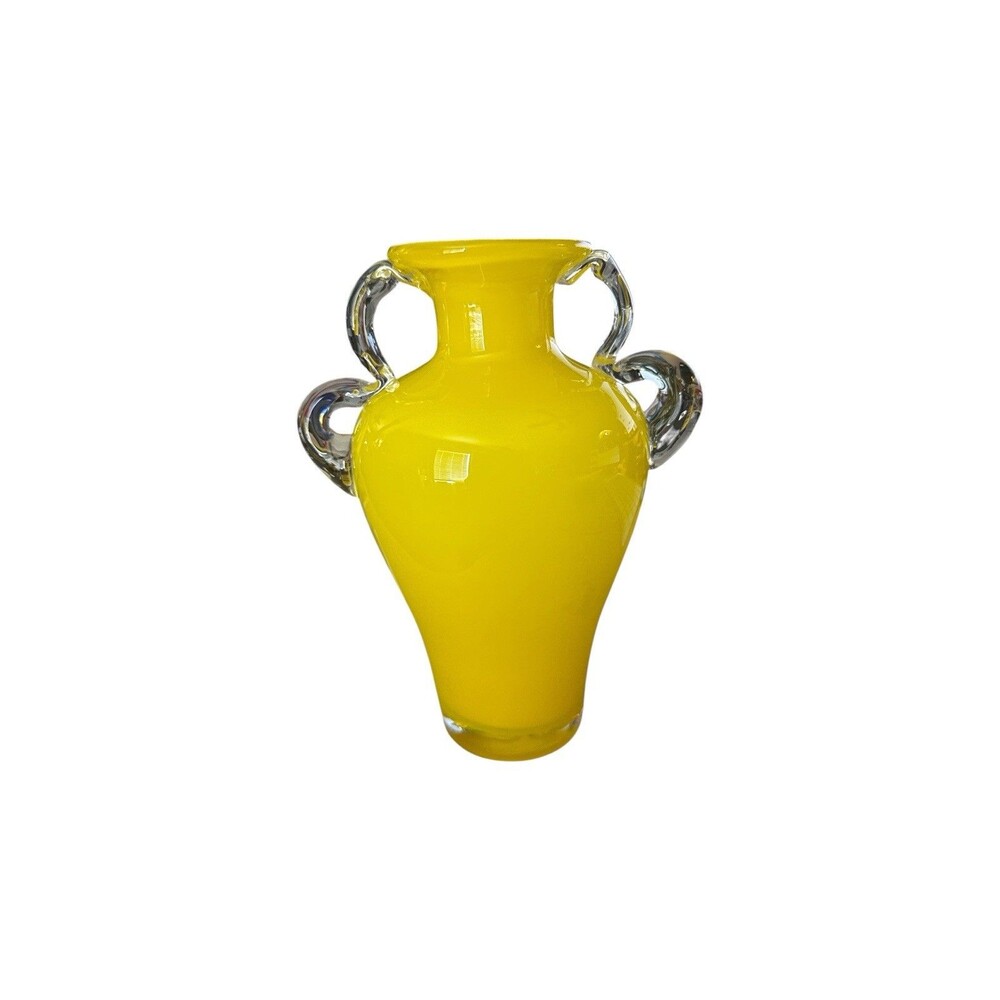 Hand Blown Lemon Yellow Art Glass Vase Clear Applied Loop Handles 8" MCM Style